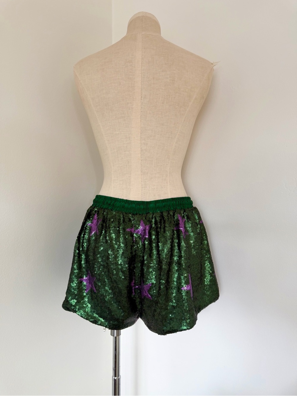 Cynthia Rowley Green Sequin Shorts with Purple Stars - Picture 2 of 3